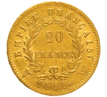 1811 French 20 Francs Gold Coin Napoleon I Laureate Head W