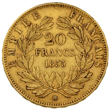 1855 French 20 Francs Gold Coin Napoleon III Bare Head BB anchor