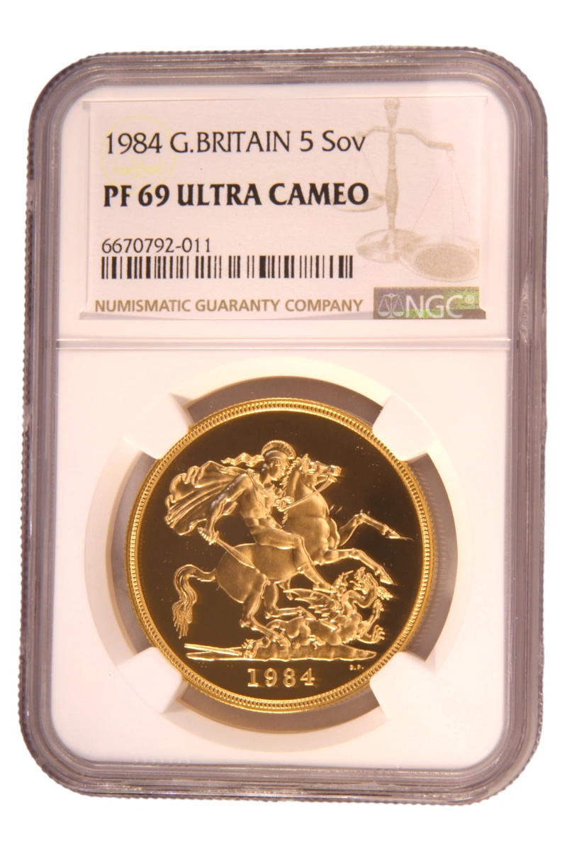 1984 Proof Gold £5 Coin Quintuple Sovereign NGC PF69