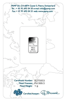 1g Palladium Bar PAMP Lady Fortuna