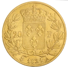 1824 French 20 Francs Gold Coin Louis XVIII Bare Head A