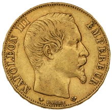 1855 French 20 Francs Gold Coin Napoleon III Bare Head BB anchor