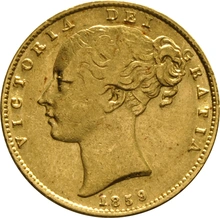1859 Gold Sovereign Coin Queen Victoria Young Head Shield Back