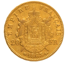 1863 20 French Francs Gold Coin Napoleon III BB