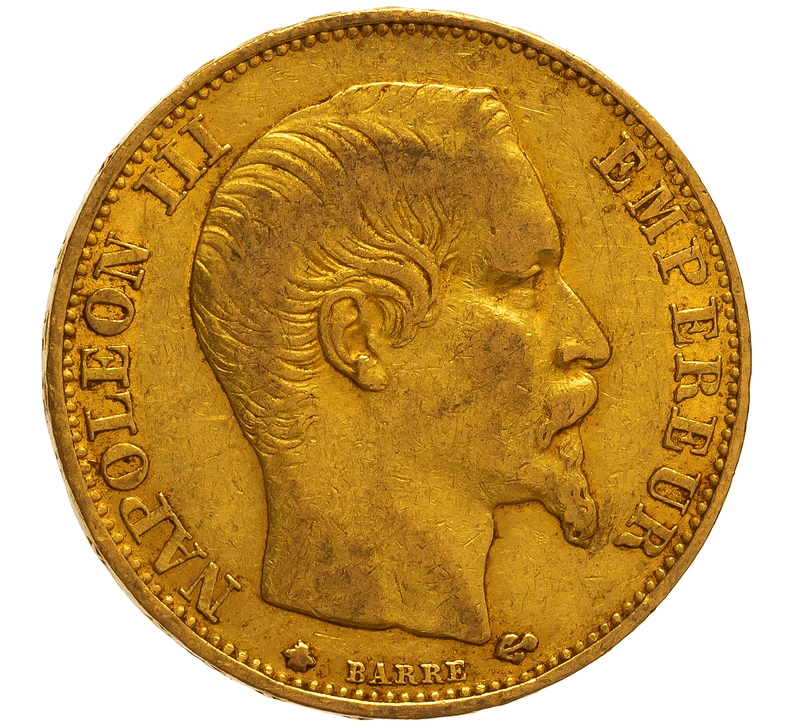 1859 French 20 Francs Gold Coin Napoleon III Bare Head BB