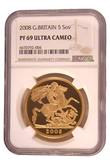 2008 Proof Gold £5 Coin Quintuple Sovereign NGC PF69