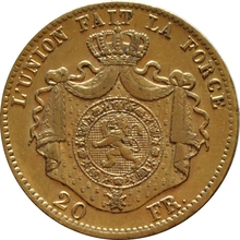 1867-1870 Belgian 20 Franc Gold Coin Leopold II Type 1