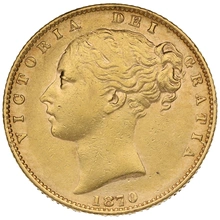 1870 Gold Sovereign Coin Queen Victoria Young Head Shield Back