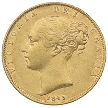 1845 Gold Sovereign Coin Queen Victoria Young Head Shield Back