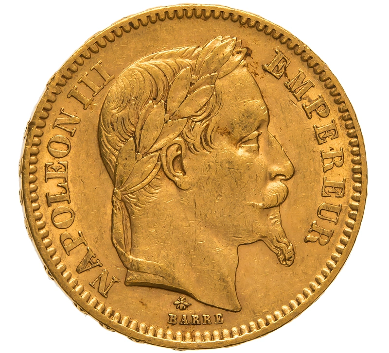1865 French 20 Francs Gold Coin Napoleon III Laureate Head A