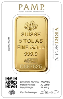 5 Tola Gold Bar PAMP Lady Fortuna Five