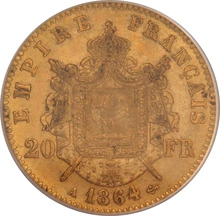 1864 French 20 Francs Gold Coin Napoleon III Laureate Head A PCGS MS62