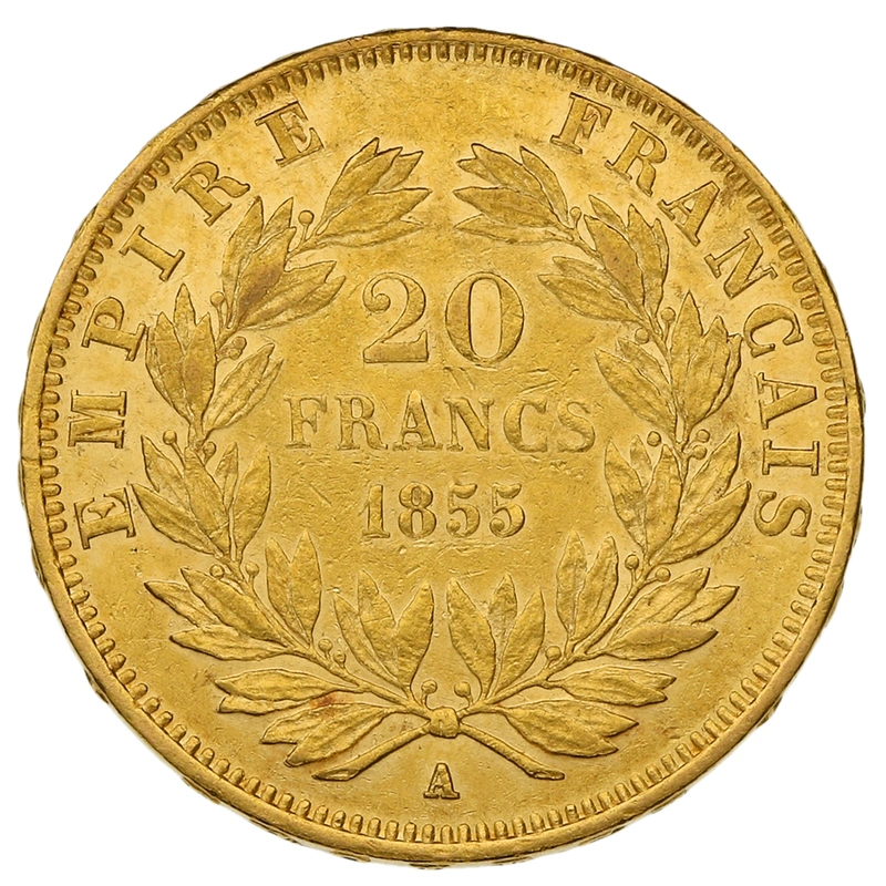 1855 20 French Francs Gold Coin Napoleon III A Greyhound