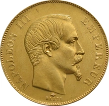French 50 Francs Gold Coin Napoleon III Bare Head