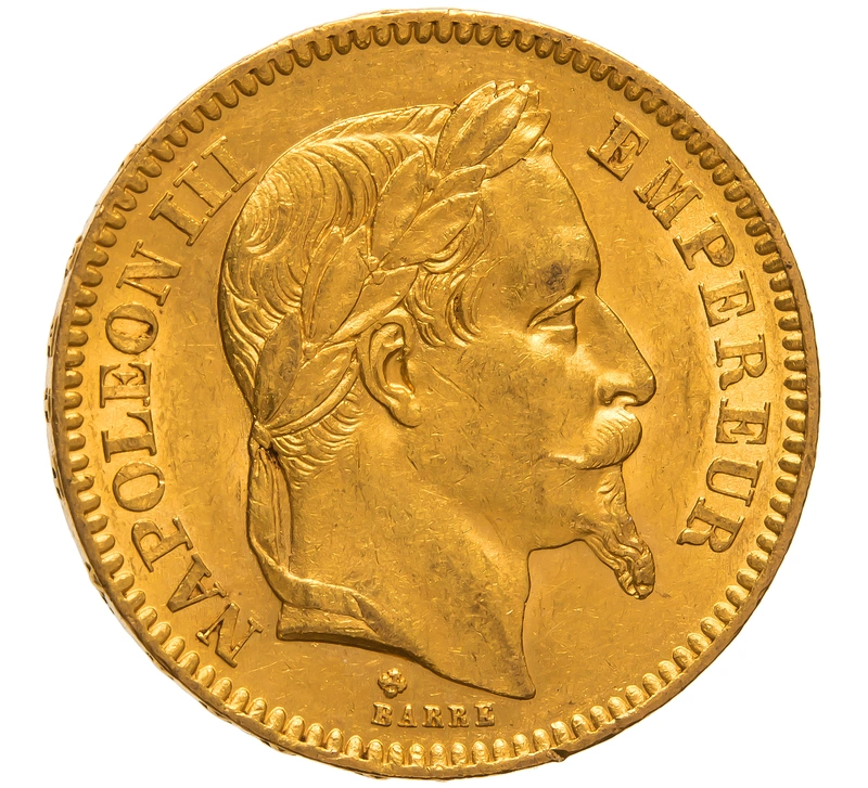 1865 French 20 Francs Gold Coin Napoleon III Laureate Head BB