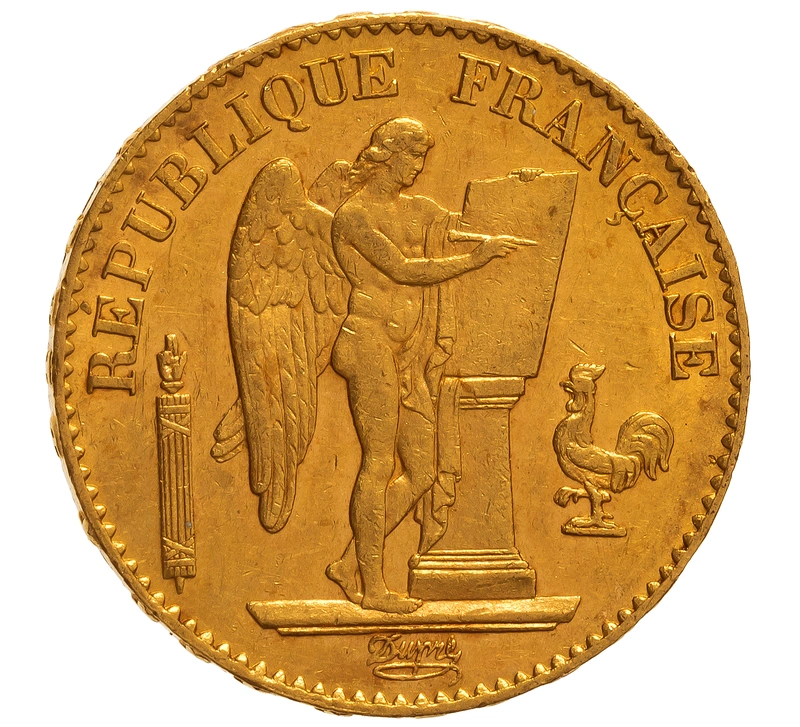 1874 20 French Francs Gold Coin Guardian Angel Genius A