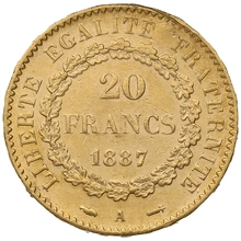 1887 20 French Francs Gold Coin Guardian Angel Genius A