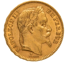 1867 French 20 Francs Gold Coin Napoleon III Laureate Head A