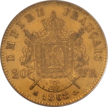 1868 French 20 Francs Gold Coin Napoleon III Laureate Head BB PCGS MS62