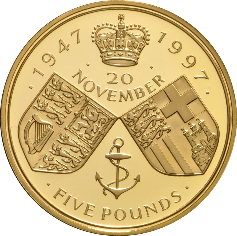 1997 Proof Gold £5 Coin Quintuple Sovereign Golden Wedding Anniversary of Her Majesty the Queen