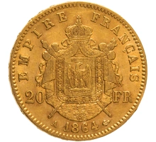 1864 20 French Francs Gold Coin Napoleon III A
