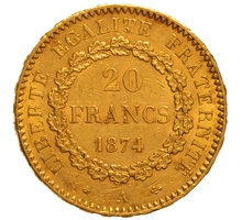 1874 20 French Francs Gold Coin Guardian Angel Genius A
