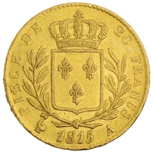 1815 French 20 Francs Gold Coin Louis XVIII Uniformed Bust A