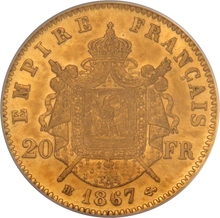 1867 French 20 Francs Gold Coin Napoleon III Laureate Head BB PCGS MS62