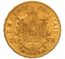 1867 French 20 Francs Gold Coin Napoleon III Laureate Head BB