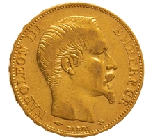 1858 French 20 Francs Gold Coin Napoleon III Bare Head A