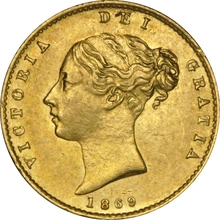 1869 Gold Half Sovereign Queen Victoria Young Head Shield Back NGC AU55