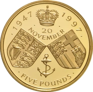 1997 Proof Gold £5 Coin Quintuple Sovereign Golden Wedding Anniversary of Her Majesty the Queen