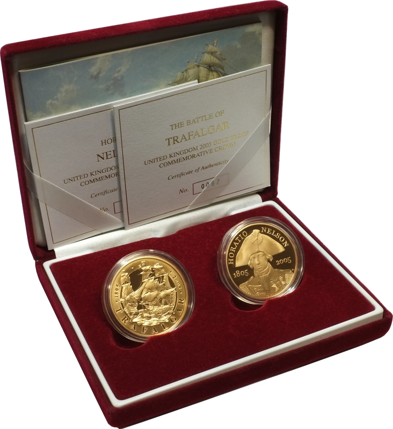 2005 Twin Gold £5 Proof Crown set Nelson and Trafalgar 200th Anniversary Boxed