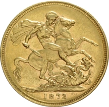 1872 Gold Sovereign Coin Queen Victoria Young Head Melbourne