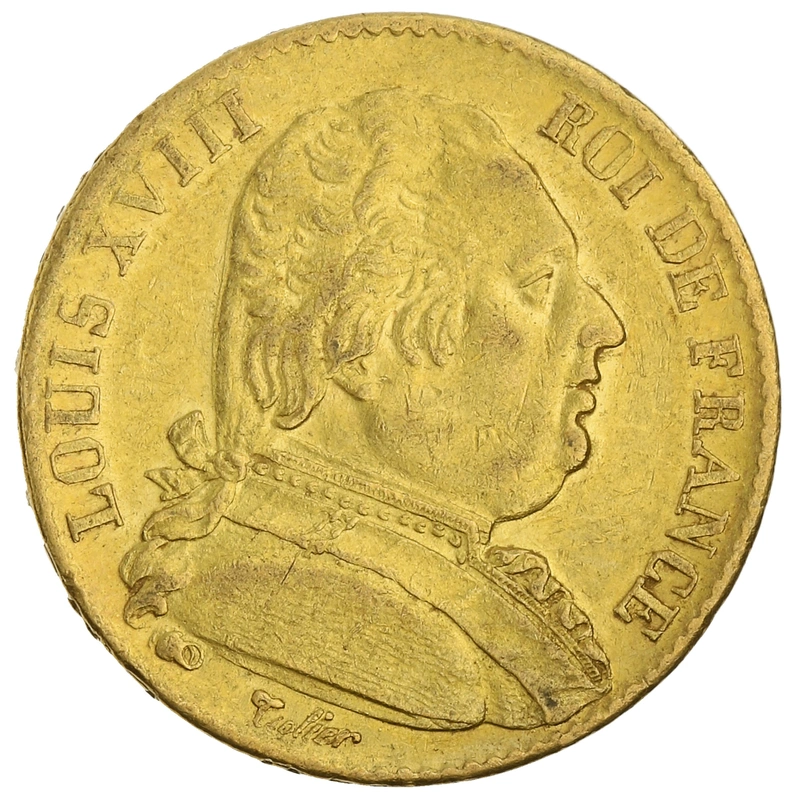 1815 French 20 Francs Gold Coin Louis XVIII Uniformed Bust A