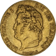 1844 French 20 Francs Gold Coin Louis-Philippe Laureate Head A