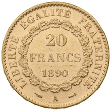 1890 French 20 Francs Gold Coin Guardian Angel A