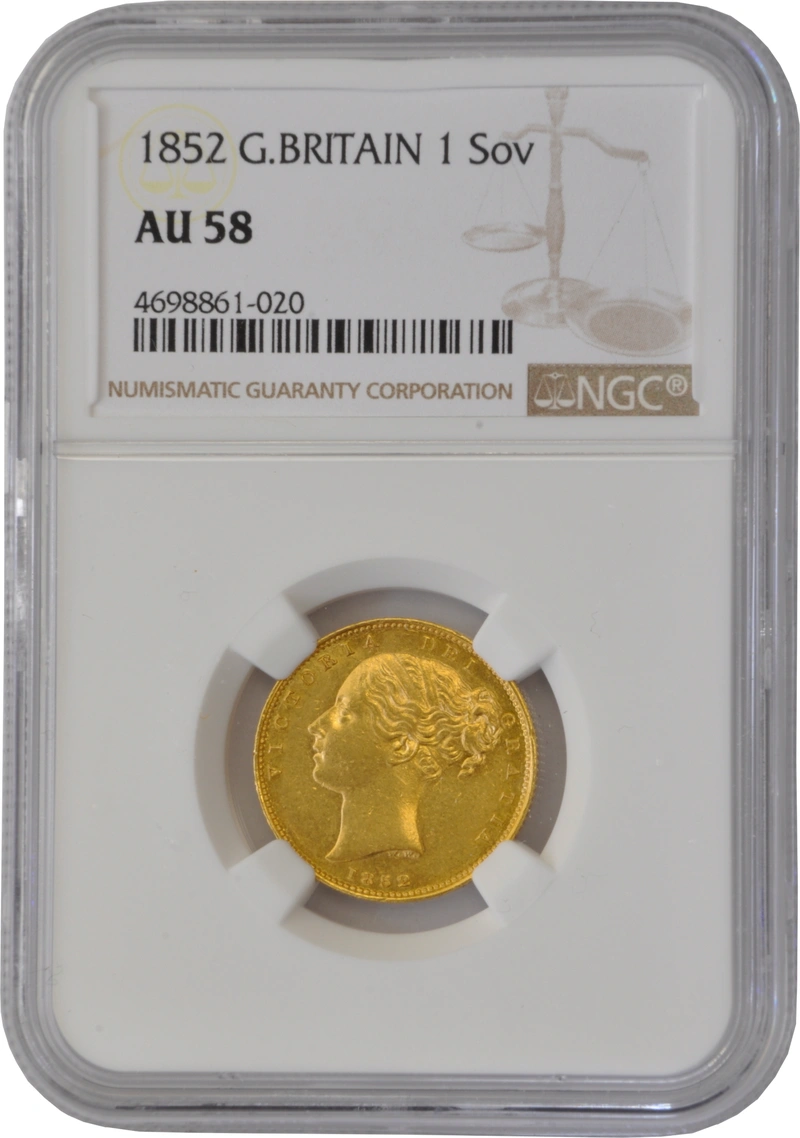 1852 Gold Sovereign Coin Queen Victoria Young Head Shield Back NGC AU58