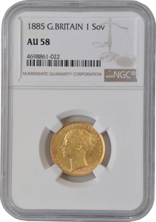1885 Gold Sovereign Coin Queen Victoria Young Head NGC AU58