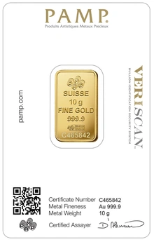 10g Gold Bar PAMP Lady Fortuna Minted