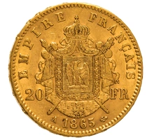 1865 French 20 Francs Gold Coin Napoleon III Laureate Head A
