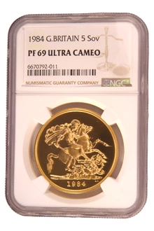 1984 Proof Gold £5 Coin Quintuple Sovereign NGC PF69