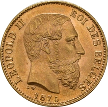 1870-1882 Belgian 20 Francs Gold Coin Leopold II Type 2