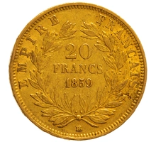1859 French 20 Francs Gold Coin Napoleon III Bare Head BB