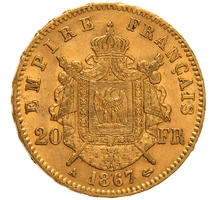1867 French 20 Francs Gold Coin Napoleon III Laureate Head A