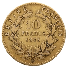 1865 French 10 Francs Gold Coin Napoleon III Laureate Head Large BB