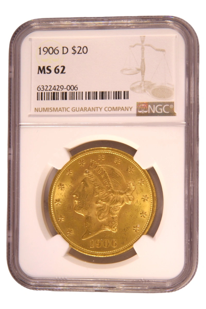 1906 $20 Gold Coin Double Eagle Liberty Head Denver NGC MS62