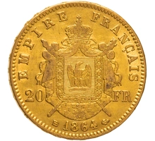 1864 20 French Francs Gold Coin Napoleon III BB