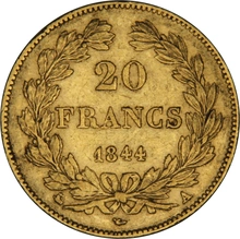 1844 French 20 Francs Gold Coin Louis-Philippe Laureate Head A
