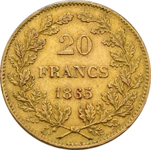 1864-1866 20 Belgian Francs Gold Coin Leopold I Plain Head